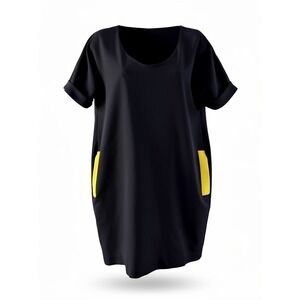 Chloe Dao Dress Womens Small Black Yellow Pocket Shift Short Sleeve Knit‎